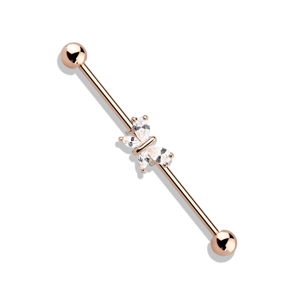 14G Tear Drop and Marquise CZ Butterfly Surgical Steel Industrial Barbell (38MM)